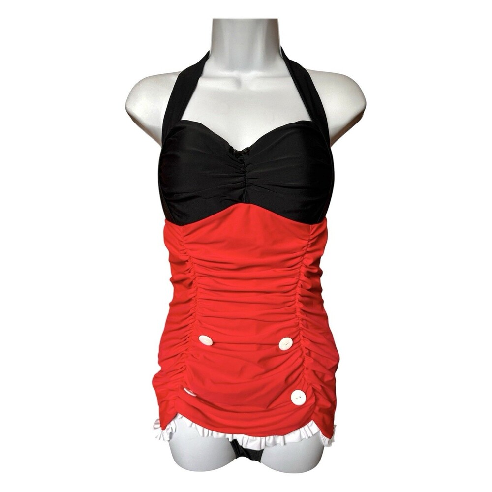 Unique Vintage Disney Mickey & Friends Black & Red Halter Swim Dress Large NWT